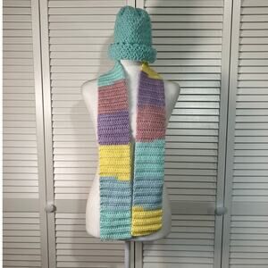 NWT Handmade Crocheted Blue Multicolor Textured Beanie Scarf 56”